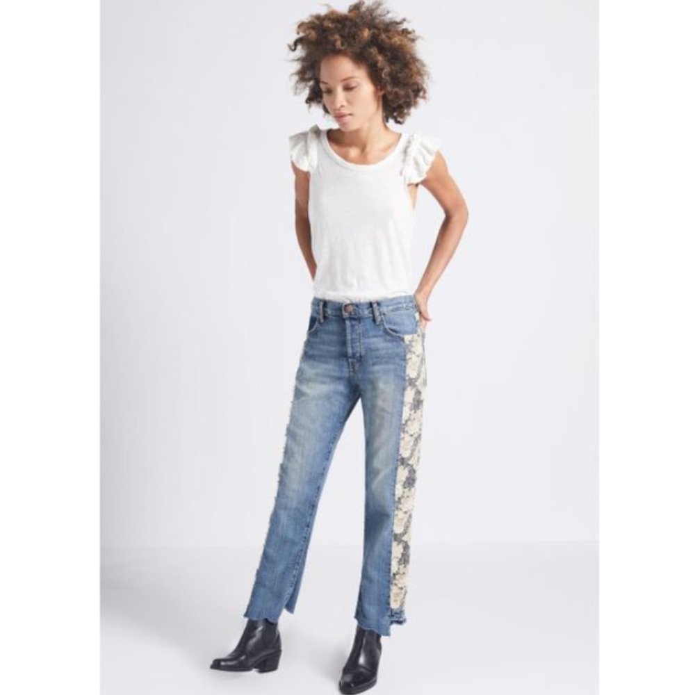 🎯Current/Elliott The Uneven Seamed Original Straight First Love Mixed Jeans